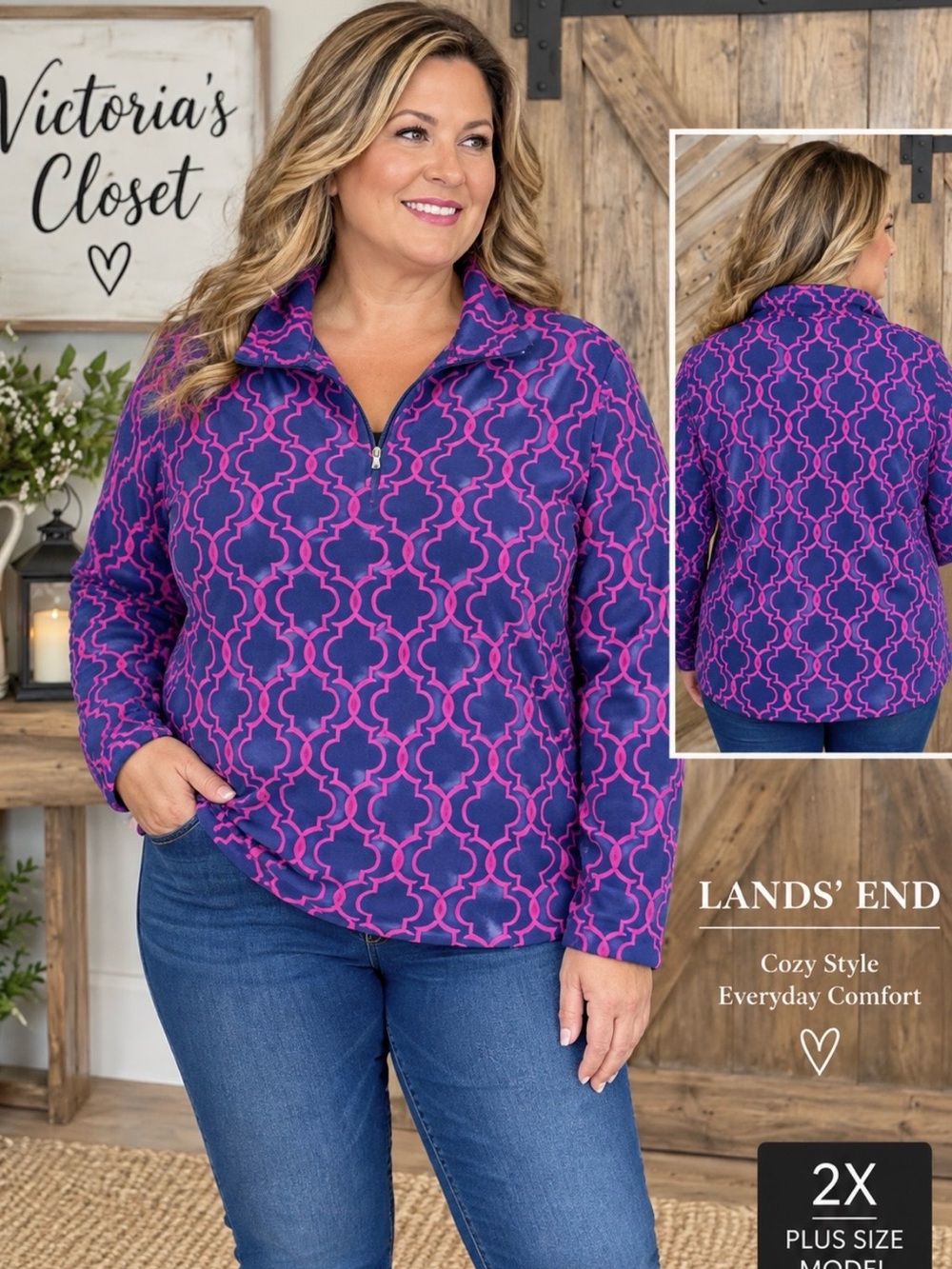 Lands’ End Women’s 2X Navy & Pink Geometric Fleece 1/4 Zip Pullover